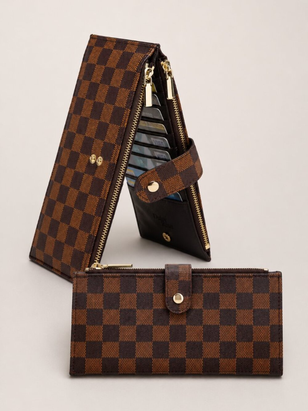 Daisy Rose RFID Checkered Wallet Clutch Brown Vegan Leather Quiet Luxury